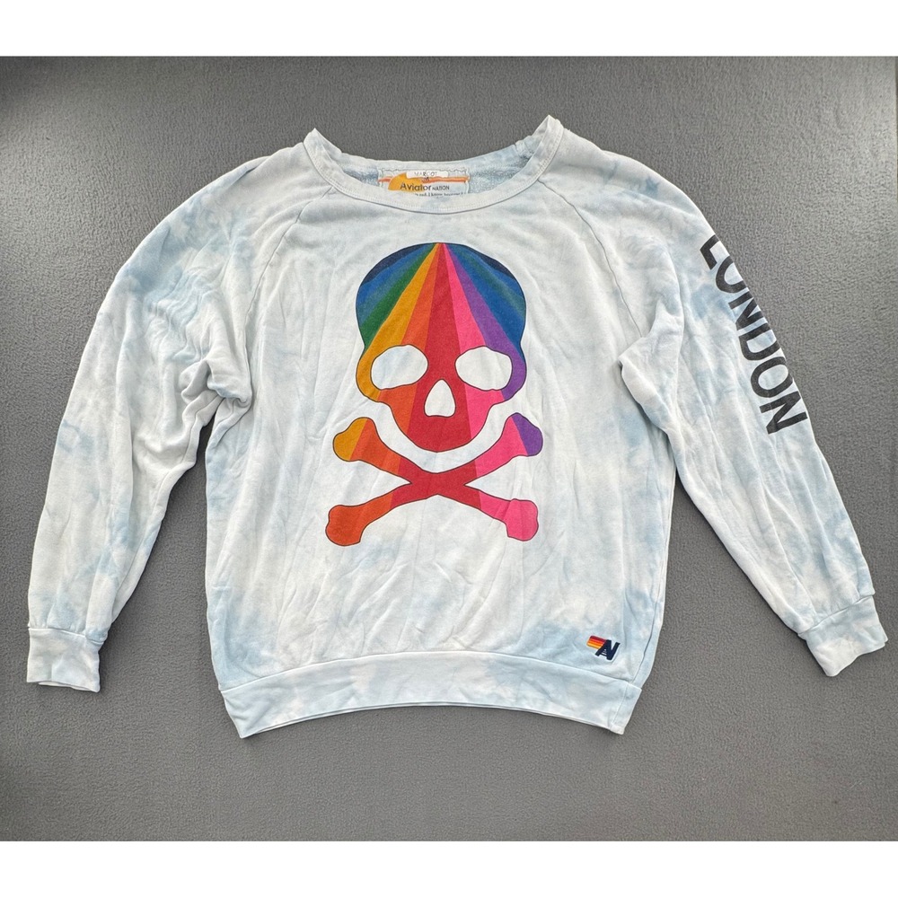 Aviator Nation Skull Sweatshirt M Tie Dye Rainbow Graphic Cali Retro Surf Skate